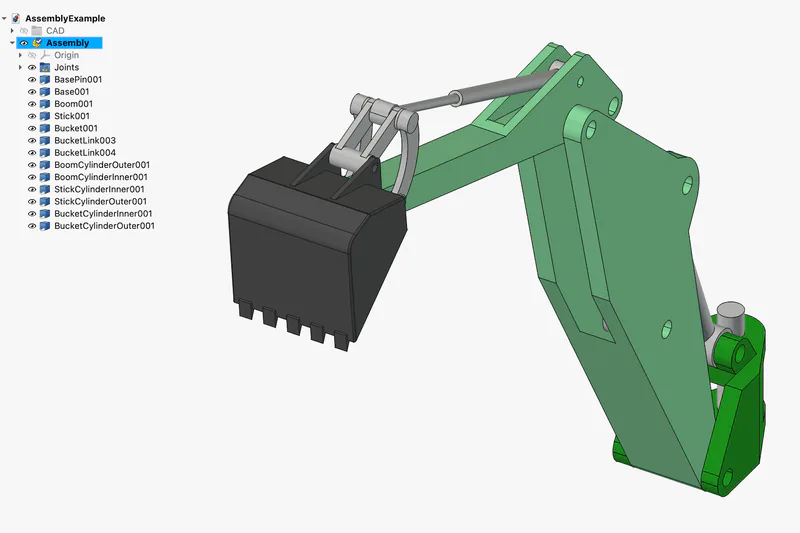 A 3D CAD assembly of an excavator arm beside its model tree in CAD software.